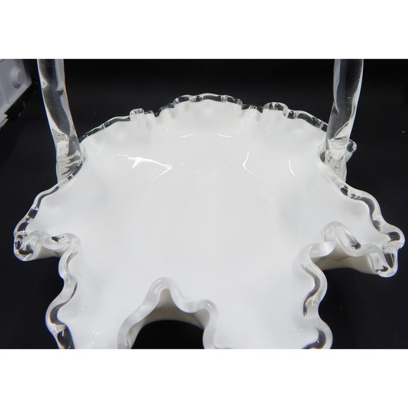Fenton Silver Crest Milk Glass Basket Ruffled Handle White Clear - Picture 10 of 10